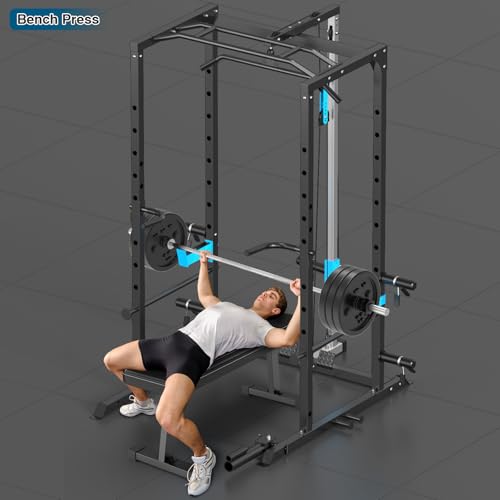 Power Cage, Multi-Functional Power Rack with J-Hooks, Dip Handles, Landmine Attachment and Optional Cable Pulley System for Home Gym
