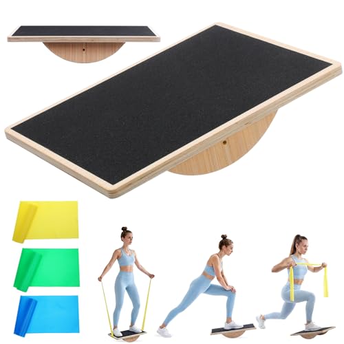 Balance Board Trainer Set with Resistance Bands for Adults Wooden Wobble Board for Core Strength, Stability & Balance Training, Includes 3 TPE Exercise Bands