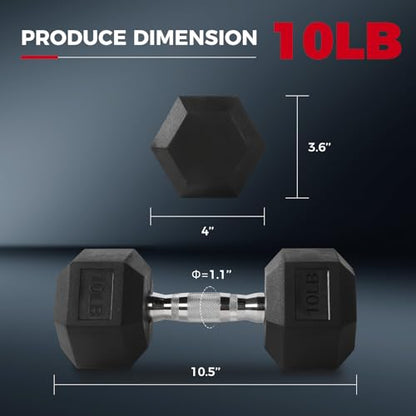 RitFit Rubber Coated Hex Dumbbell Set with Rack, 5-780LB for Home Gym Strength Training, Anti-Slip Knurled Handle, Hexagon Anti-Roll, Heavy-Duty Storage Rack - style: 2 X 10 LBS