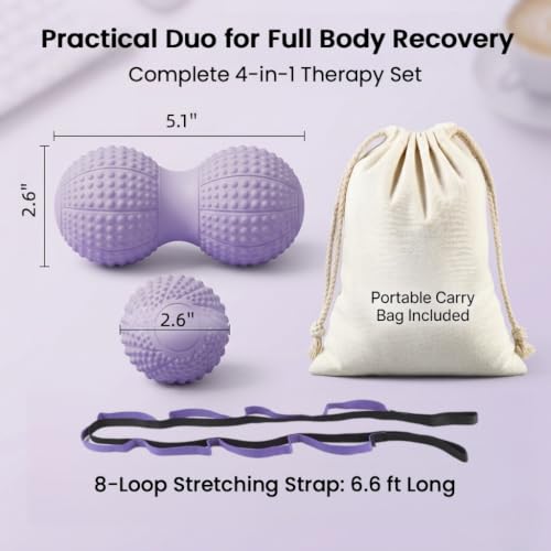 Peanut Massage Ball and Single Ball Set for Myofascial Release, Deep Tissue, Muscle Recovery (Purple)