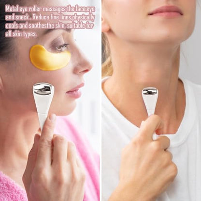 Eye Roller Face Roller Mini Ice Roller Facial Massage Roller Eye Cream Applicator Handheld Metal Eye Roller Skin Care Tool for Relief Facial Puffiness,White