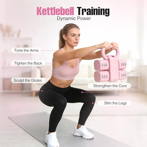 REDCAMP 2-IN-1 Adjustable Dumbbell & Kettlebell Set, 4-Levels Hand Weights (2.2/3.3/4.4/5.5 Lbs Each) Dumbbells Set for Progressive Strength Training, Home Gym Fitness Equipment for Women