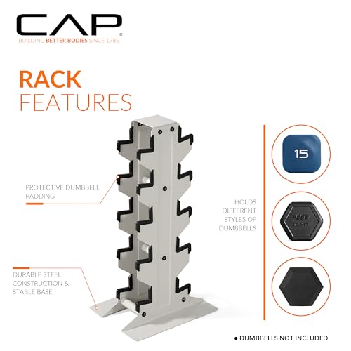 CAP Dumbbell Set with Rack, Rubber Coated Hex Free Weight Set | 100–300 lb Options, Vertical Space-Saving Storage for Home Gym Strength Training - size: 150 lb Set - Light Gray Rack, style: Chrome Handle