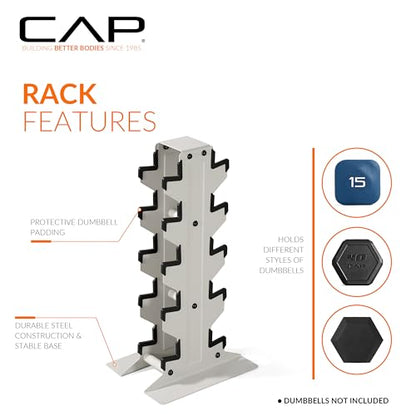 CAP Dumbbell Set with Rack, Rubber Coated Hex Free Weight Set | 100–300 lb Options, Vertical Space-Saving Storage for Home Gym Strength Training - size: 150 lb Set - Light Gray Rack, style: Chrome Handle