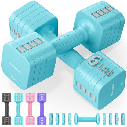 FEIERDUN DB3 5-in-1 Adjustable Dumbbell Set, 6LB/10LB Pair Adjustable Weights for Women at Home, Dual Locking Stable Hand Weights with TPU Soft Handle, Home Gym, Rehab, Pilates, Yoga, Strength Training - color: C-Mint Blue, style: 6LBS Pair (12LBS Total)