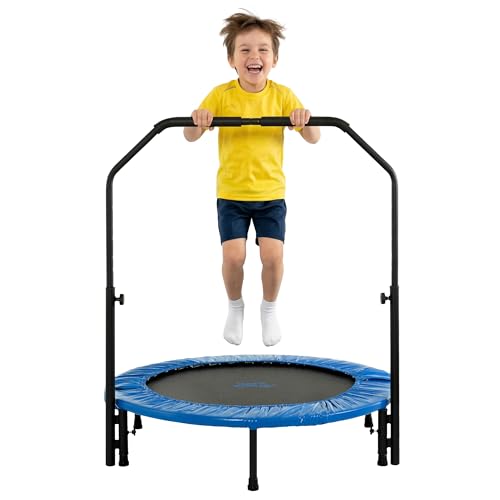 Machrus Upper Bounce Mini Rebounder Trampoline for Adults and Kids, Exercise, Indoor Fitness, Foldable Round Jumping Exerciser, Supports up to 220 lbs - color: Blue (with Handrail), size: 48-inch