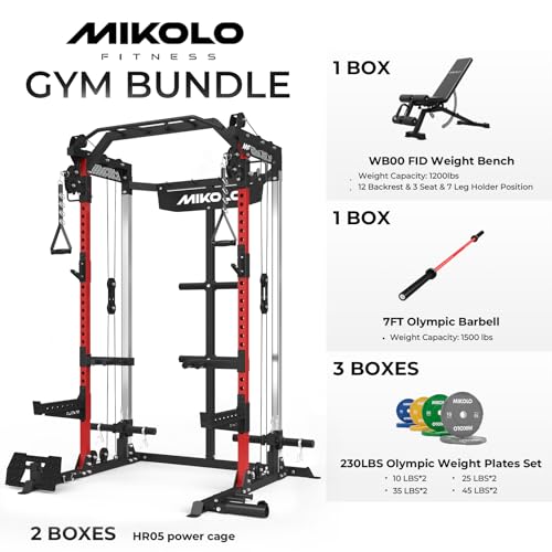Mikolo Power Cage, 2000LB Power Rack with Independent Dual Pulley System, Multi-Function Home Gym Workout Machine for Cable Crossover and Squat