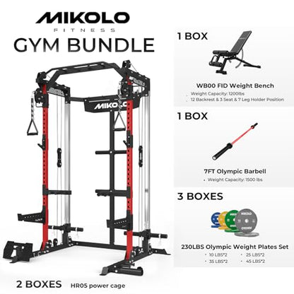 Mikolo Power Cage, 2000LB Power Rack with Independent Dual Pulley System, Multi-Function Home Gym Workout Machine for Cable Crossover and Squat