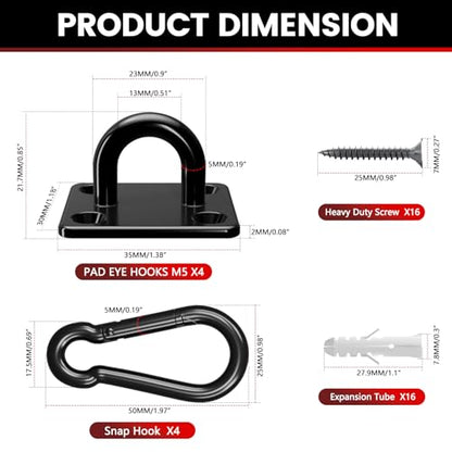 sprookber 304 Stainless Steel Pad Eye Snap Hook, M5 Ceiling Hook 500Lb,8Pcs - size: 2 Inch, style: Black Square