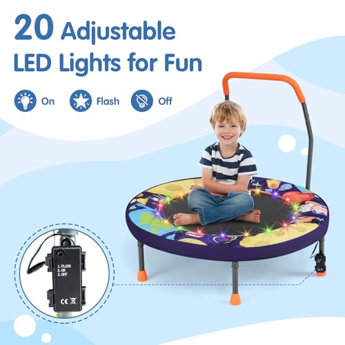 Goplus Foldable Toddler Trampoline for Kids, 36'' Recreational Mini Trampoline w/20 LED Lights, Foam Handle, Padded Safety Cover, Indoor Outdoor Exercise Rebounder for Boys Girls Aged 3-6 - style: Purple-Outer Space