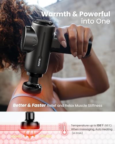 RENPHO Active+ Thermal Massage Gun with Heat, Fathers Day Dad Gifts, App Control, Deep Tissue Percussion Massager for Back and Neck, Portable Handheld Massager with 5 Speeds, 5 Attachments, Carry Case - color: Coal Black