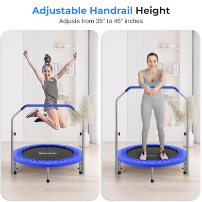 SereneLife 40" Fitness Trampoline for Adults, Indoor/Outdoor Mini Rebounder Trampoline with Adjustable Handrail, Elastic Jump Mat, Sturdy Frame, Lightweight Design for Exercise, 40" x 40" x 46" Inch