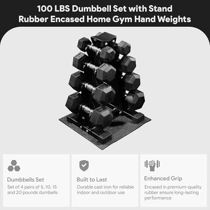 BalanceFrom Rubber Coated Hex Dumbbell Weight Set with Storage Rack, 100LB or 150LB or 200LB Set, 5-20 lbs or 5-25 lbs or 10-30 lbs Pairs - style: 100LB Set with Rack