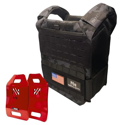 Northgym Adjustable Weighted Vest/Incl. 3D Weight Plates in 14lbs / 20lbs/ 30lbs/ 42.5lbs - Optimized Weight Distribution and with Curved Plates for Running, Functional Training and Working Out - style: Black Camo 14lbs
