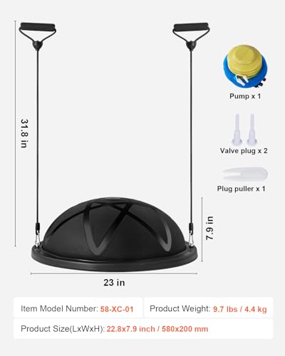 VEVOR Half Exercise Ball Trainer, 23/26 inch Balance Ball Trainer, 1500lbs Capacity Stability Ball, Yoga Ball with Resistance Bands & Foot Pump, Strength Fitness Ball for Home Gym Full Body Workout - color: 23" Particle Black