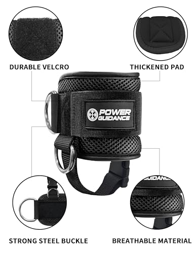 POWER GUIDANCE Ankle Strap for Cable Machine Professional Kickback Ankle Strap for Glute Workouts, Leg Extensions - Adjustable Strap with D-Rings - size: Pair