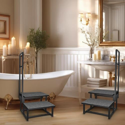 2-Step Stool with Handle for Elderly, Heavy Duty Non-Slip Step Stool for High Beds/Bathtub/Kitchen, Wide Anti-Slip Platform, Supports 450 lbs