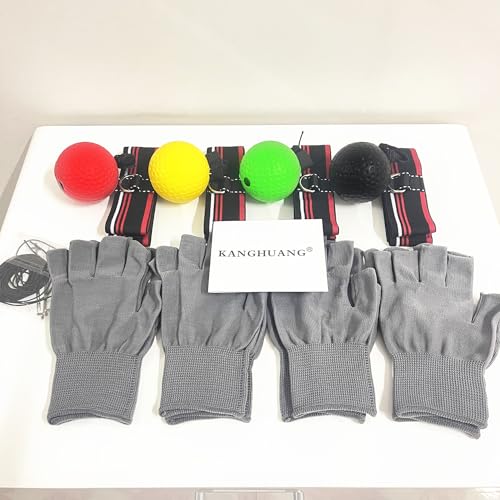 Reflex Balls Boxing Headband Set for MMA Boxing Kickboxing Training Reaction Ball Kit Includes 4 Different Levels Balls+4 Elastic Headbands+4 Spare Lines+4 Gloves for All People