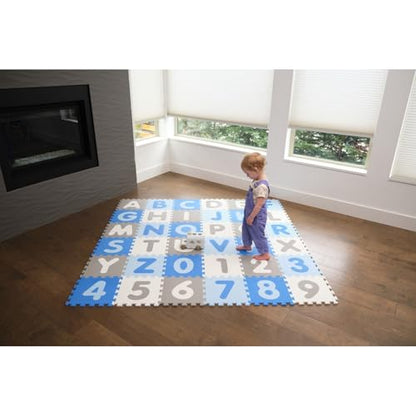 Tadpoles Foam Playmats for Kids, 36 Interlocking Tiles Teach the ABCs and Numbers 0-9, Total Floor Coverage 74” x 74” (36 Sq Ft), For Ages 3 and Up, Colors: Blue/Grey