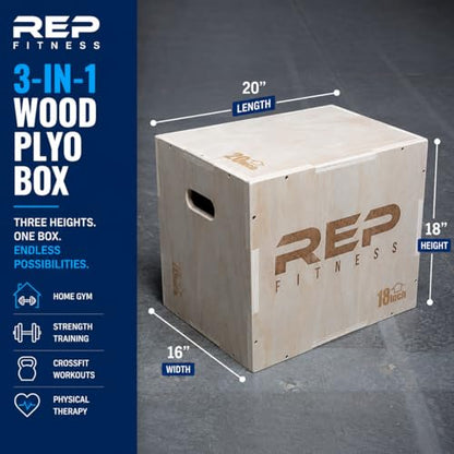 Rep Plyometric Wood Jump Box | CrossFit & Strength Training | 12 to 30" Range of Wooden Step Platforms | Gym & Sports Workouts | Fitness, Exercise, Physical Therapy Equipment | Pro Conditioning Tool - size: In-Between, 20" x 18" x 16"