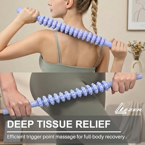 Flexible Massage Stick 21.7" Muscle Roller, 14 Roller Trigger Point, Deep Tissue Myofascial Release & Muscle Recovery, Bendable Body Massager for Neck, Back & Legs