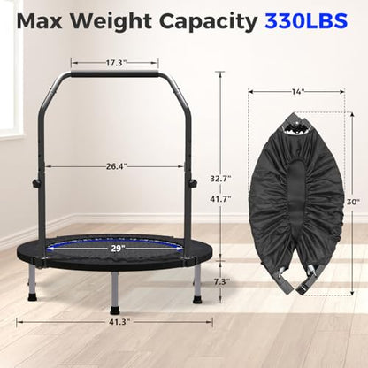 40"/48" Rebounder Trampoline for Adults Mini Trampoline for Adults and Kids Exercise Rebounder with Bar Fitness Trampoline Indoor Height Adjustable Max Load 330/440lbs - color: Blue-40in
