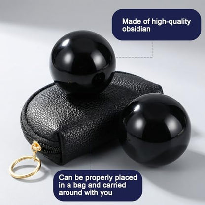 Hand Exercise Balls Set of 2, Chinese Stress Relief Baoding Balls with Leather Pouch - color: Black