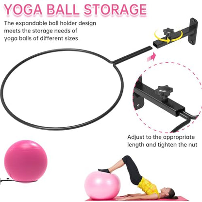26" Exercise Ball Holder Wall Mount - Adjustable Yoga Ball Storage Rack for 14 to 30 Inch Stability Balls, Heavy-Duty Metal Balance Ball Wall Mount with 12-Inch Diameter Ring
