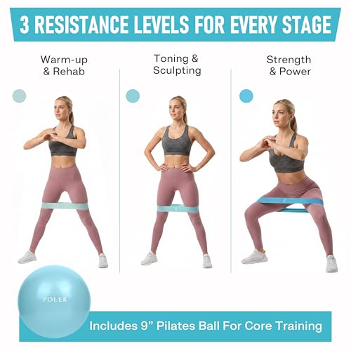 Poler Booty Resistance Bands Set for Women – 3 Fabric Bands (Light, Medium, Heavy) + Pilates Ball – Non-Slip Glute & Leg Workout Kit for Home Fitness, Yoga & Strength Training