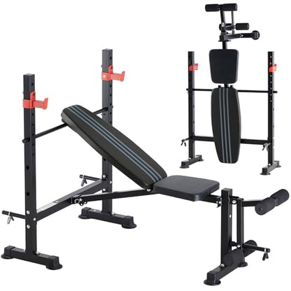 OLIXIS Adjustable Weight Bench Set with Rack, 650 LBS Capacity Heavy Duty Foldable Bench Press Set with Leg Extension Curl, Easy Assembly Strength Training Workout Set for Garage, Home, Gym, Black
