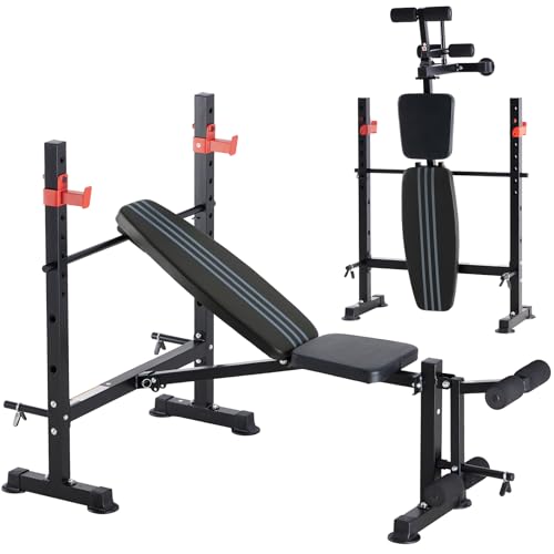 OLIXIS Adjustable Weight Bench Set with Rack, 650 LBS Capacity Heavy Duty Foldable Bench Press Set with Leg Extension Curl, Easy Assembly Strength Training Workout Set for Garage, Home, Gym, Black