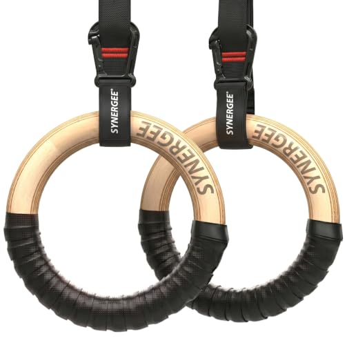 Synergee Wooden Gymnastic Rings with Numbered Straps & Carabiners – 1.25" Olympic Gym Rings for Pull Ups, Dips, Muscle Ups, Calisthenics & Home Gym Training