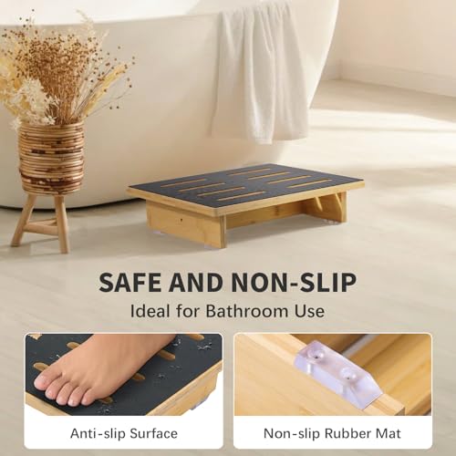 Step Stool for Adults, 3.5" Bed Step for High Beds, Non-Slip Stepping Stool with Load Capacity of 440 lbs, Wooden Step Stool for Seniors, Kids, Bedside, Shower, Kitchen Use, Beech Wood/Black
