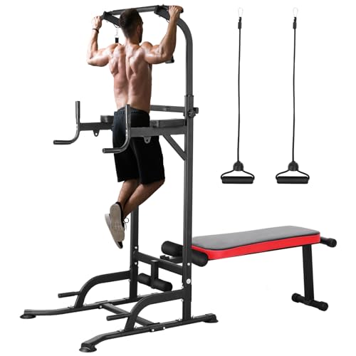 Power Tower with Bench, Pull Up Bar Stand, Dip Bar w/Folding Bench 4 Ropes Strength Training, Multi-Function Fitness Equipment for Home Gym, Adjustable Heights and Angles Dip Station, 400LBS
