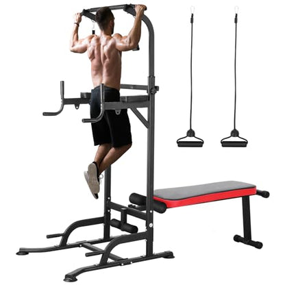 Power Tower with Bench, Pull Up Bar Stand, Dip Bar w/Folding Bench 4 Ropes Strength Training, Multi-Function Fitness Equipment for Home Gym, Adjustable Heights and Angles Dip Station, 400LBS