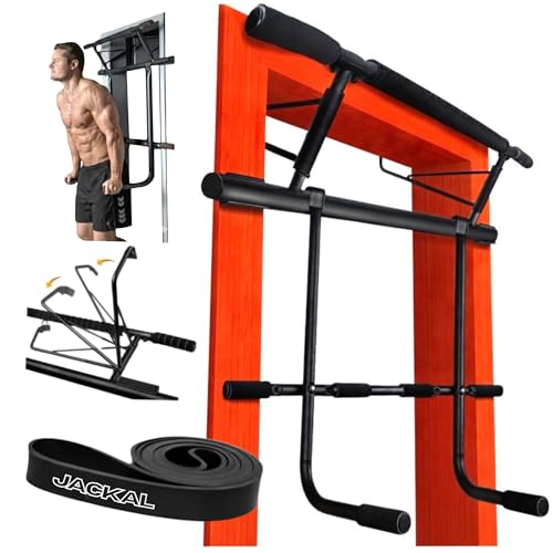 JACKAL Door Pullup Bar and Dip Bar Station - Multi Grip, Removable Dip Bars, Rigid NO WOBBLE, Easy Folding Storage, No Screws, Dip Station and Pull-up Bar for Doorway, Collapsible Dip Station, No Door Damage, High Weight Capacity, Foldable Bodyweight Work