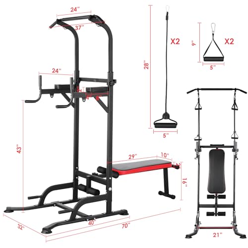 Power Tower with Bench, Pull Up Bar Stand, Dip Bar w/Folding Bench 4 Ropes Strength Training, Multi-Function Fitness Equipment for Home Gym, Adjustable Heights and Angles Dip Station, 400LBS