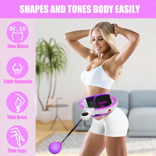 U5 Smart Weighted Hula Hoop with Counter, Waist Trimmer & Wash Bag –16 Knots, 28"–46" Adjustable Infinity Hoop Plus Size, Quiet Rubberized Wheels, Abdominal Toner - color: Purple + Waist Trimmer