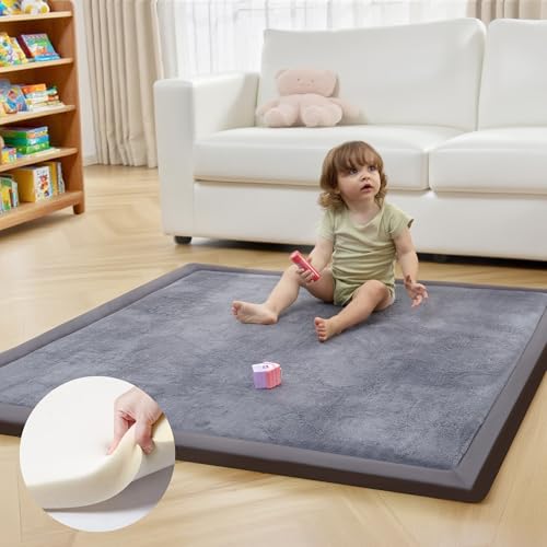 ACOMOPACK Baby Play Mat for Floor 1.3" Thick Memory Foam 50x50 Soft Velvet Playpen Mat for Kids,Infants,Toddlers,Tummy Time Crawling Mats with Non-Slip Bottom,Yoga,Tatami,Nursery Rug（Dark Grey） - color: Dark Grey, size: 50"×50"