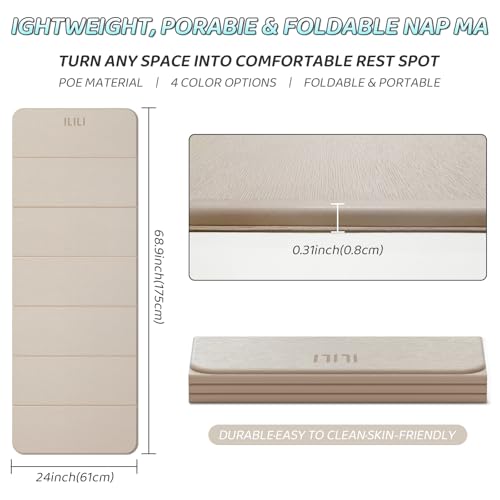 ILILI Foldable Yoga Mat 71 * 24 * 0.3'' - TPE Non-Slip Fitness Mat for Home，Waterproof & Lightweight (2lb) for Home Gym, Pilates & Stretching,Fitness Workouts - color: Beige