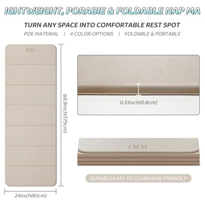 ILILI Foldable Yoga Mat 71 * 24 * 0.3'' - TPE Non-Slip Fitness Mat for Home，Waterproof & Lightweight (2lb) for Home Gym, Pilates & Stretching,Fitness Workouts - color: Beige