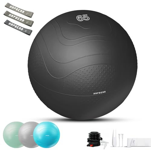 HAPBEAR Exercise Ball (22''/26''/30'') - Anti-Burst Slip-Resistant Yoga/Pilates Ball for Core Training & Posture Improvement, Home Gym/Rehab/Pregnancy Ball, Quick Pump & 3 Resistance Bands Included - color: Black, size: L (23-26IN / 58-65cm)