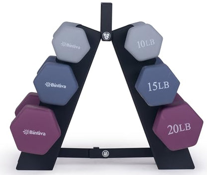 Dumbbell Set with Rack - Neoprene Coated Weights - Hex Color Coded Dumbell Pairs 1-20 LBs