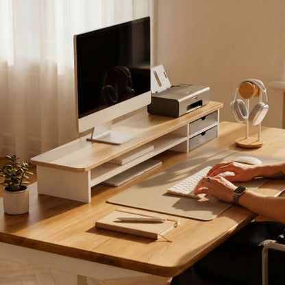Fenge Monitor Stand, Desk Computer Riser with Frosted Storage Drawer, Oak - color: Oak