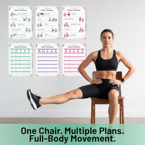 Chair Yoga Chart for Seniors & Beginners - Set of 6 Laminated Workout Posters - Gentle Seated Exercises for Stiffness, Joint Pain & Stress Relief - Easy to Follow 30-Day Challanges Home Workout Guide