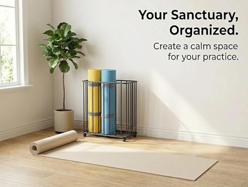 Yoga Mat Storage Rack Basket with Wheels – Home Gym Organizer for Small Apartment & Workout Corner – Slim Metal Rolling Cart Holder for Foam Rollers, Resistance Bands & Exercise(White)
