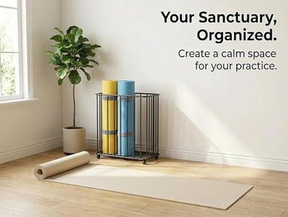 Yoga Mat Storage Rack Basket with Wheels – Home Gym Organizer for Small Apartment & Workout Corner – Slim Metal Rolling Cart Holder for Foam Rollers, Resistance Bands & Exercise(White)