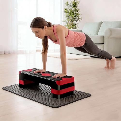ZENY 26.5 inch Aerobic Step Platform with 4 Step Risers, Height Adjustable Exercise Stepper for Home Gym Workouts, 400 lbs Capacity - color: Red
