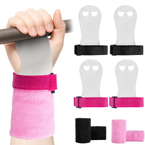 2 Pairs Gymnastics Hand Grips, Gymnastics Equipment for Kids, Gymnastics Wristbands Sets, Gymnastic Bar Grip Gloves and Gymnastics Wrist Support Sports Accessories for Workout Exercise - color: Pink, Black
