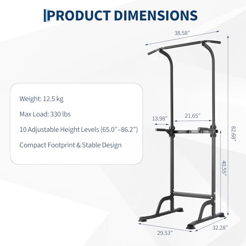 Power Tower Home Gym Strength Training Station Adjustable 10 Height Levels, Heavy-Duty Chin-Up Tower with Parallel Dip Handles, Bodyweight Workout Equipment for Pull-Ups, Dips, Knee Raises, Push-Ups, 330 Lb Capacity